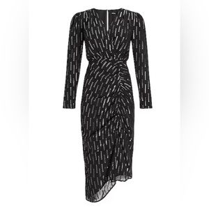 Metallic Faux Wrap Ruched Front Asymmetrical Midi Dress size: Large